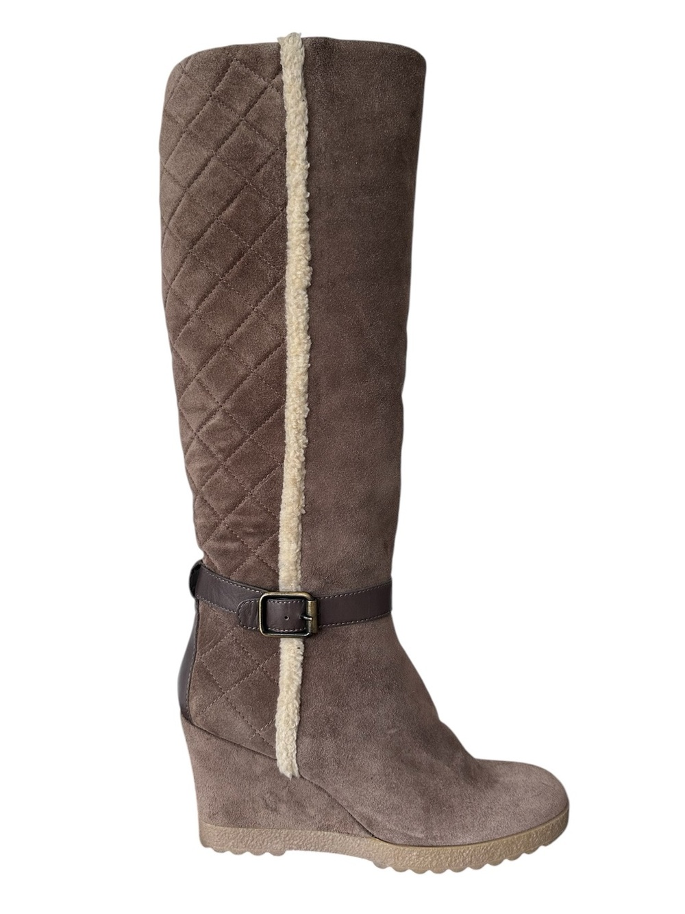 Aquatalia Womens Taupe Suede Quilted Shearling Trim Wedge Tall Boots EU 41 US 10